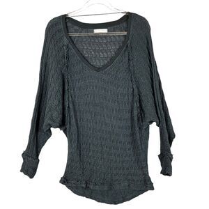 We The Free Open Knit Sweater Grunge V Neck Pullover Fray Hem Raw Black Cotton S